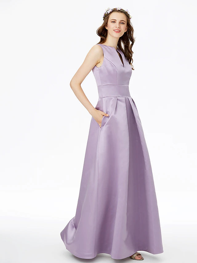 Luolandi A-Line Bridesmaid Dress Notched Sleeveless Elegant Floor Length Satin with Pleats